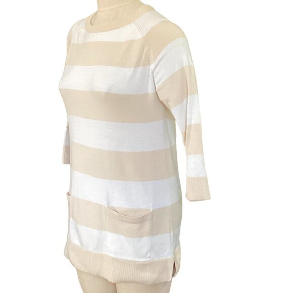 Jeanne Pierre Cotton Pocket Tunic Sweater Striped M Beige & White 92X - Picture 3 of 7